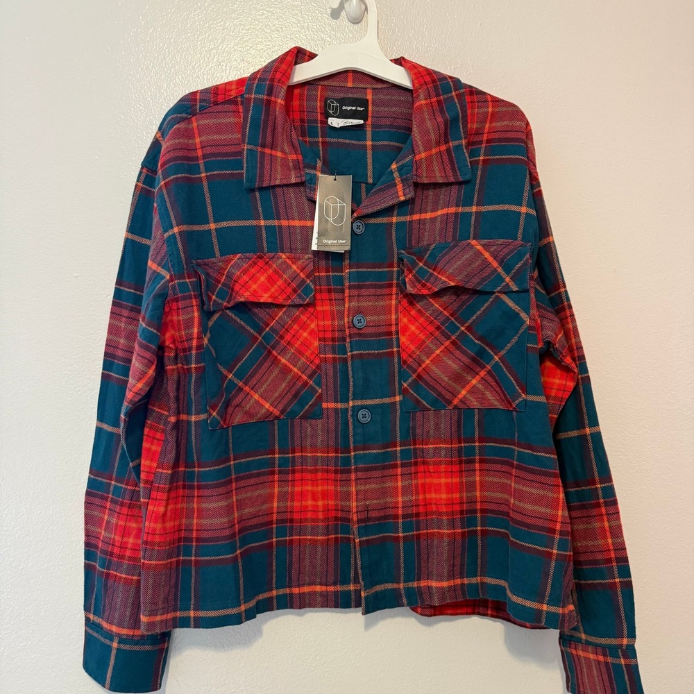 Original Use Mens Boxy Flannel Shirt Red Teal Plaid Drop Shoulder Large